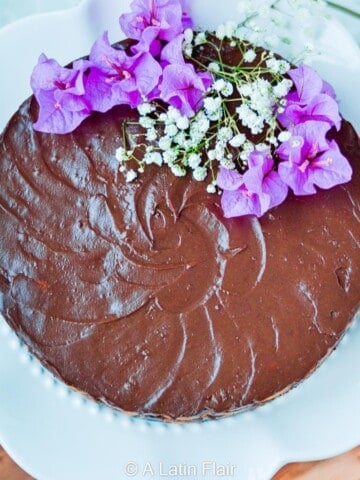 marquesa de chocolate venezuelan dessert on white cake stand