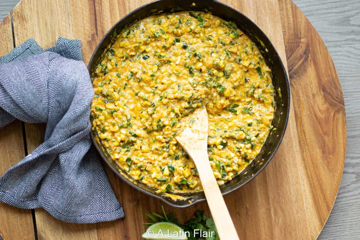 cooked-Elote-Corn-dip-with-poblano-peppers-in-cast-iron-skillet