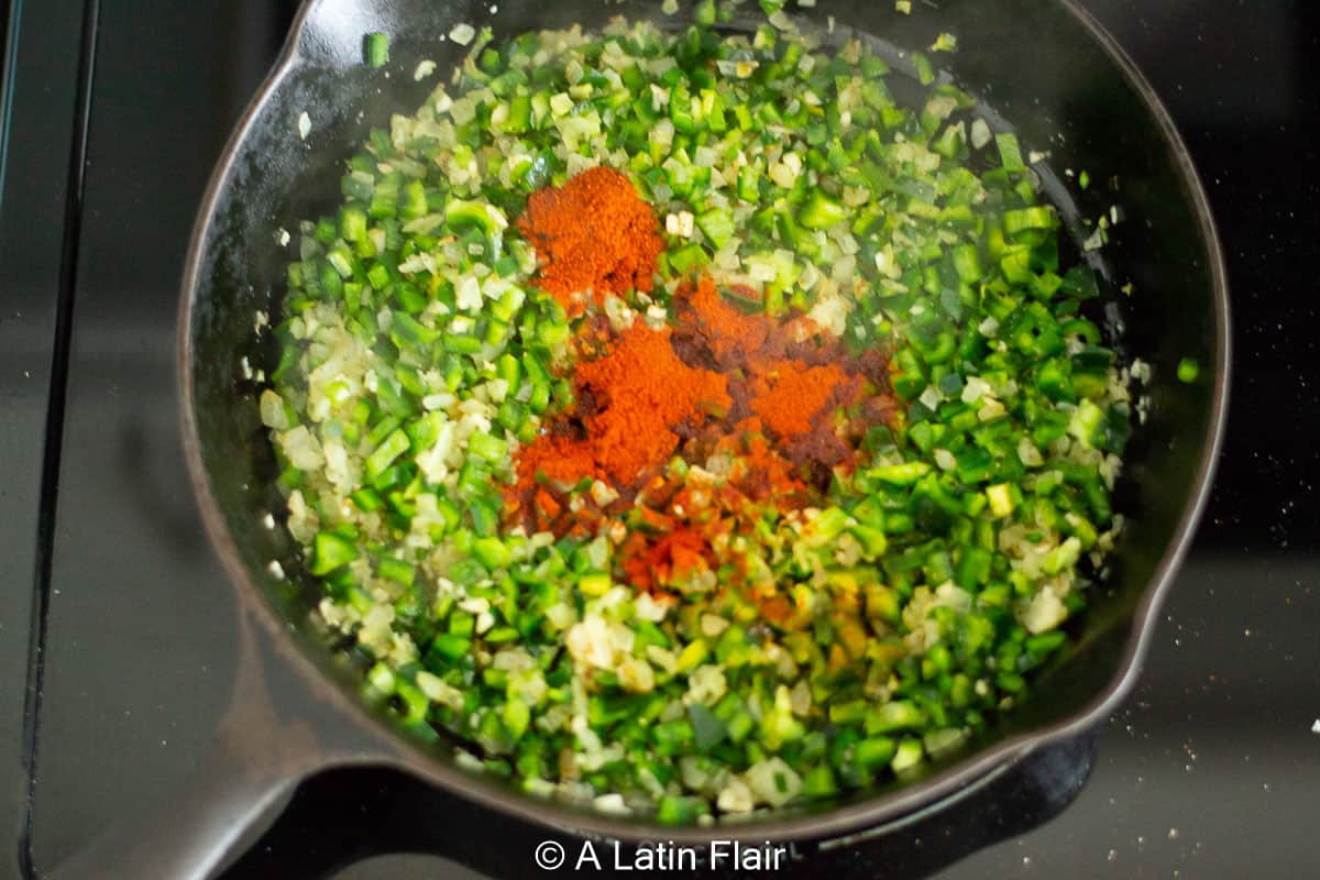 sauteing-chopped-vegetables-for-Elote-Corn-dip-with-poblano-peppers