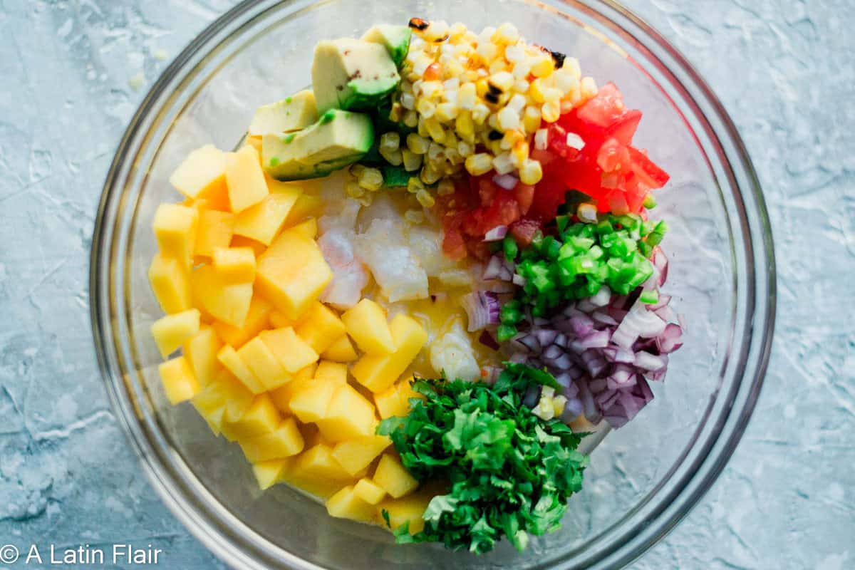 chopped-ingredients-in-a-bowl-for-Mango-Shrimp-Ceviche-with-Avocado