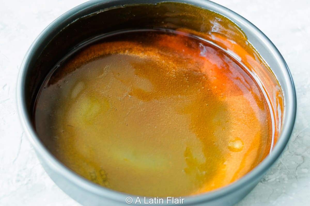 Caramel over cake pan for coconut flan (flan de coco)