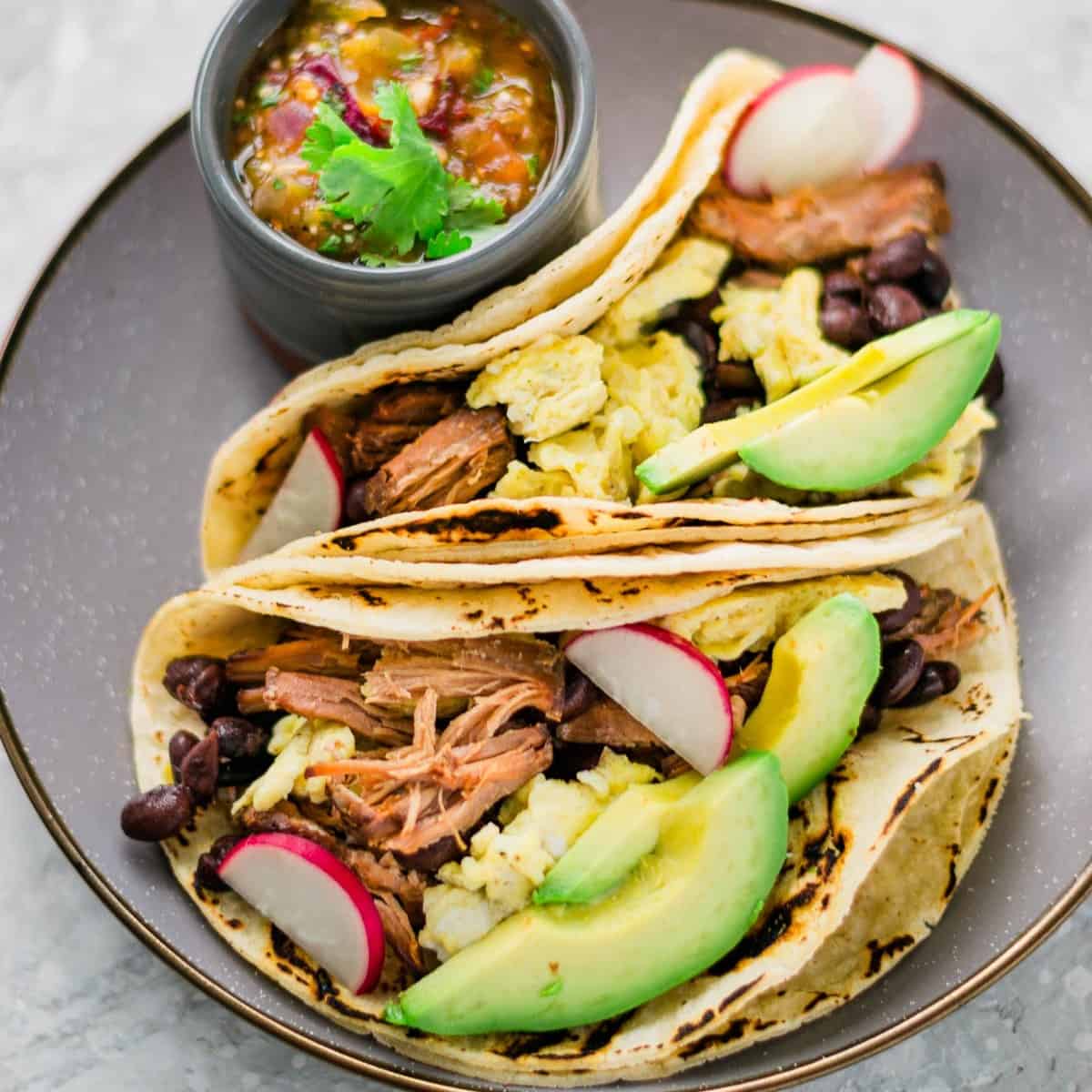 Slow Cooker Pork Carnitas and Eggs Breakfast Tacos