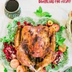 PAVOCHON Puerto Rican Style Thanksgiving Turkey over green platter and sourrounded by puerto rican side dishes