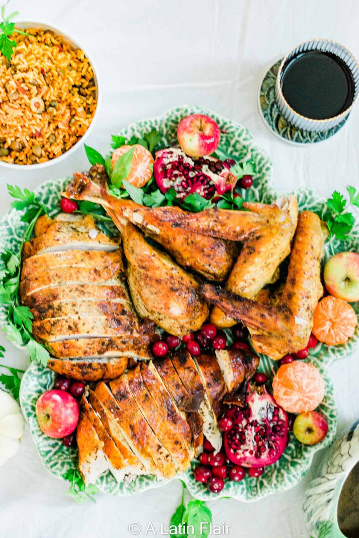 carved-Puerto-Rican-turkey-on-green-platter-recipe