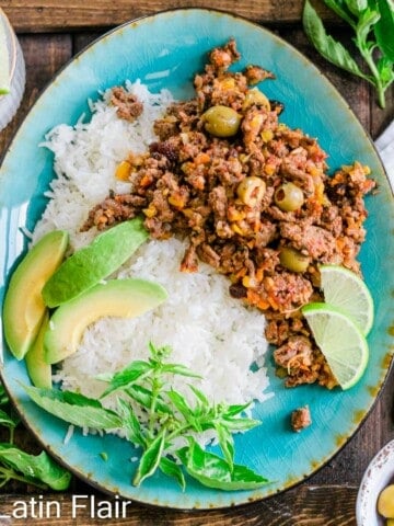 Puerto-rican-picadillo-served-on-blue-plate