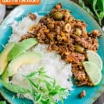 Puerto Rican Picadillo Recipe served on blue plate