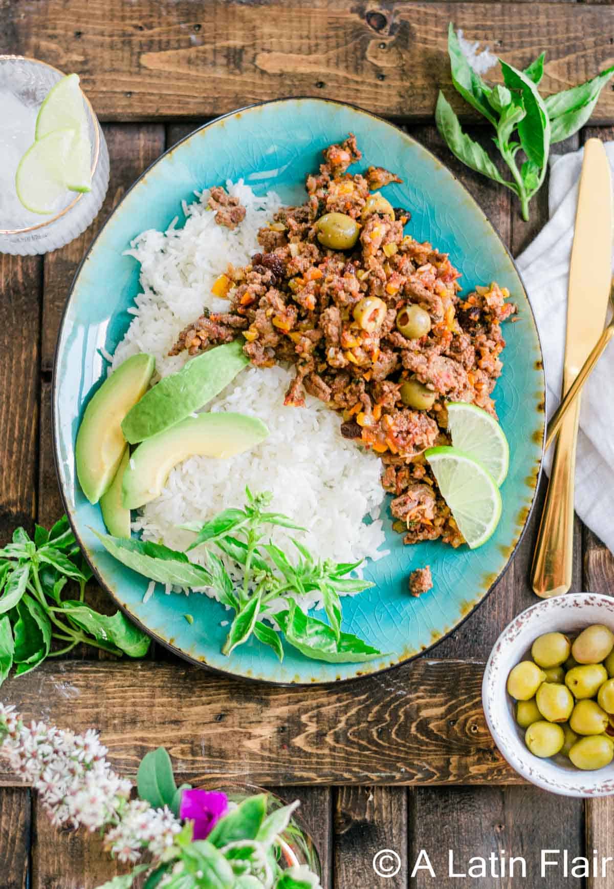 Puerto-rican-picadillo-recipe-served-on-blue-plate