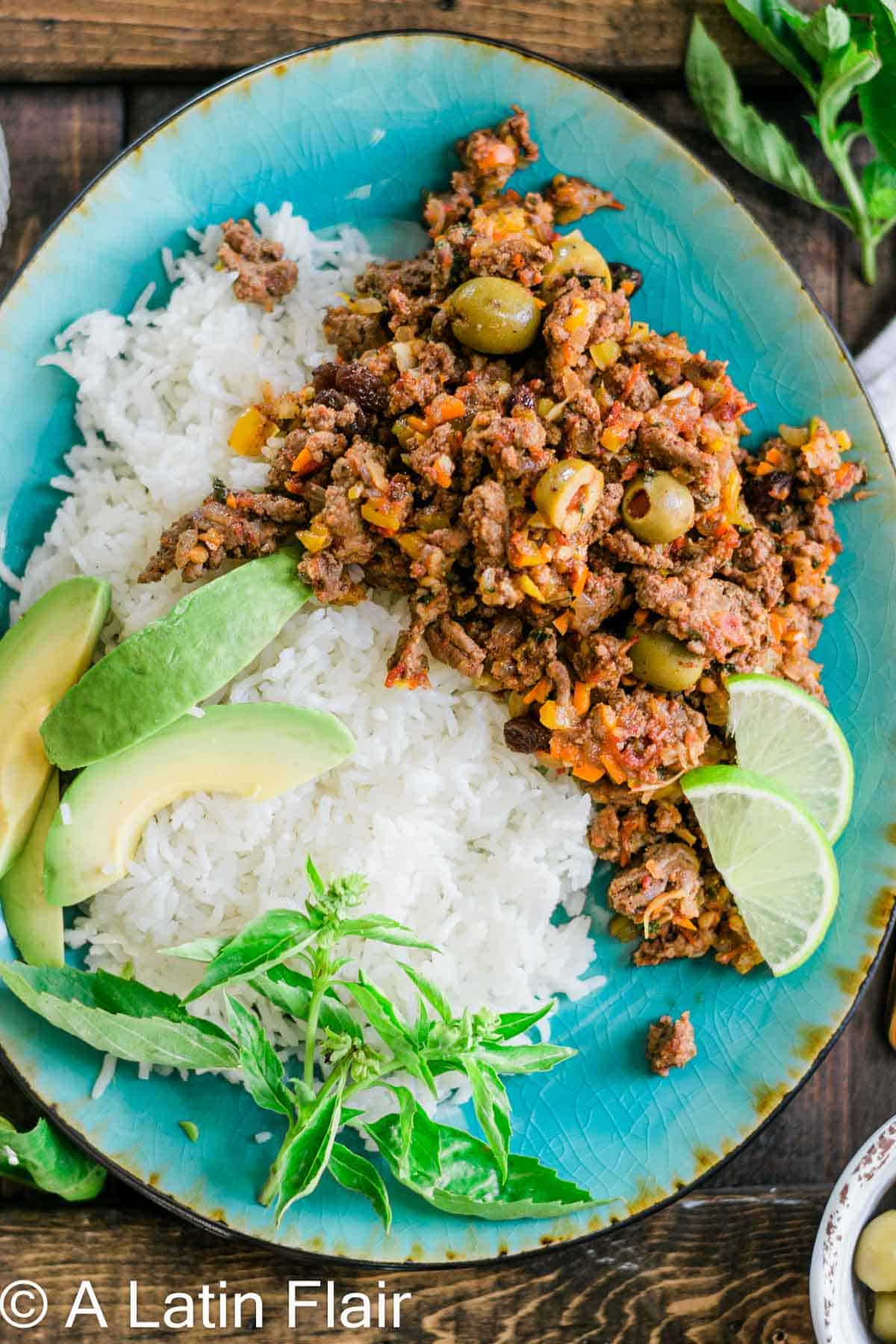 Puerto-rican-picadillo-recipe-served-on-blue-plate