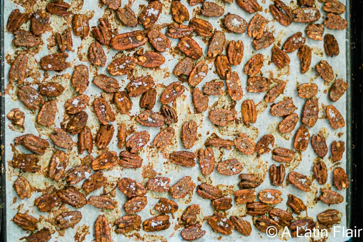 Sweet-and-Spicy-Pecans-with-chipotle-Candied Nuts-on-baking-sheet-4