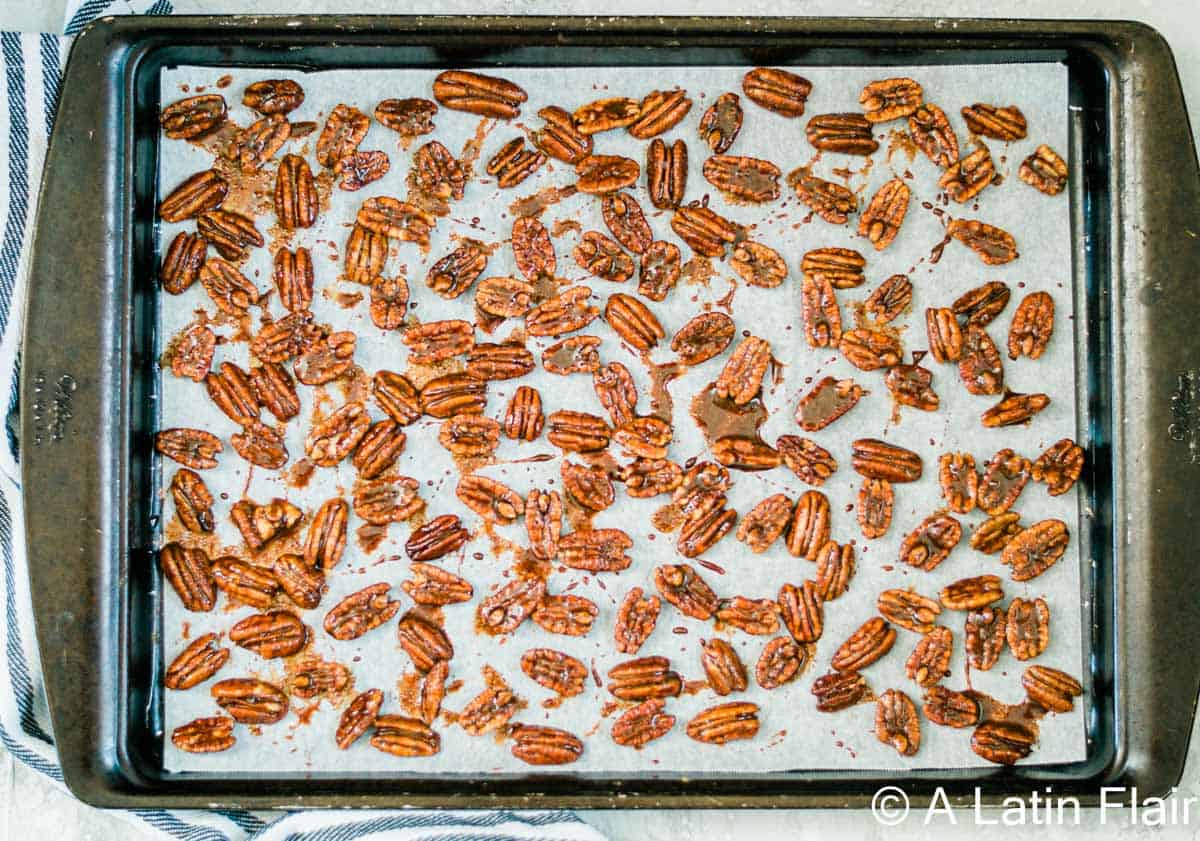 Sweet-and-Spicy-Pecans-with-chipotle-Candied Nuts-on-baking-sheet