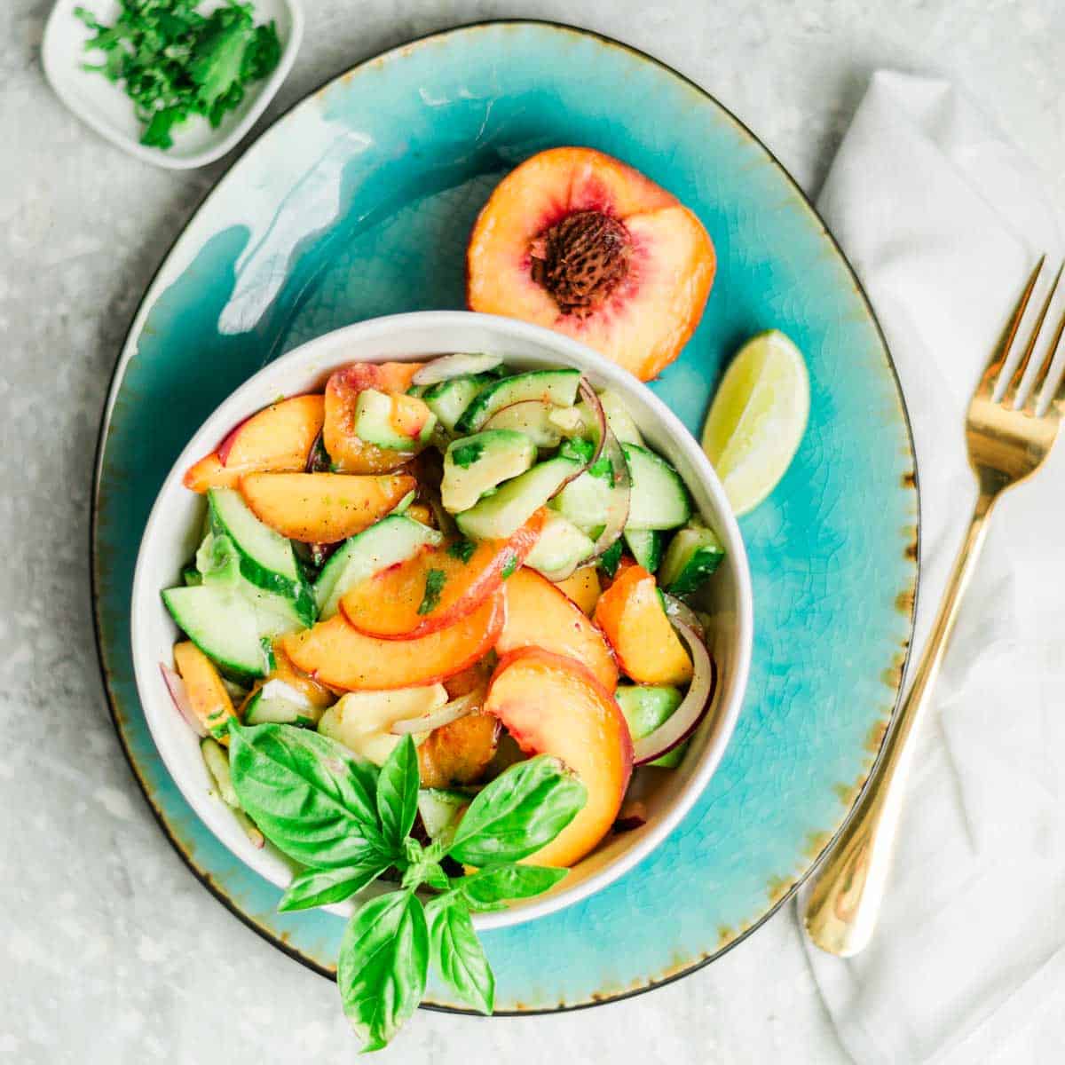 green peach salad with simple lime dressing Fresh Avocado Honey-Lime peach salad burrata
