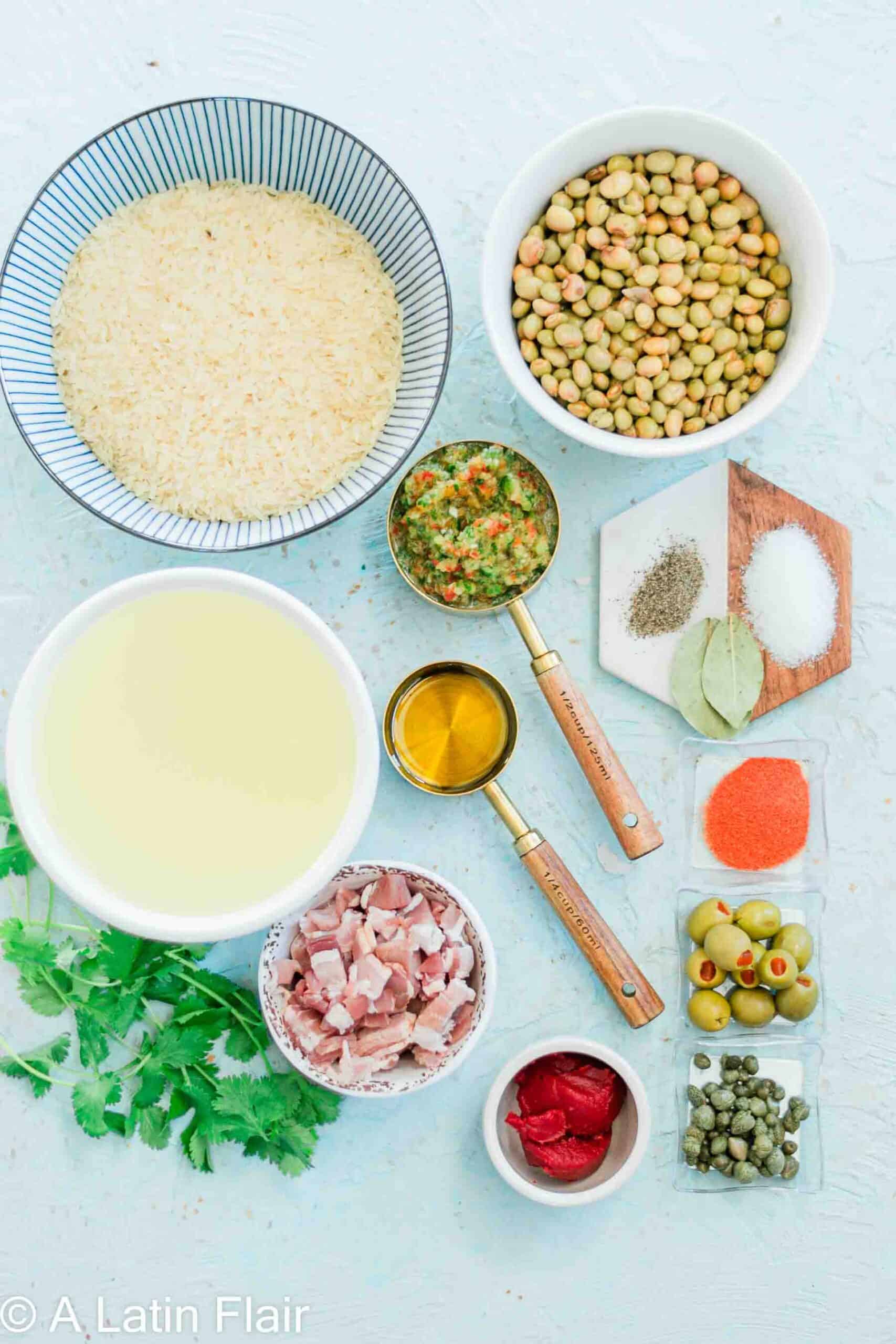 ingredients arroz con gandules recipe on blue plate (puerto rican recipe for rice with Pigeon Peas)