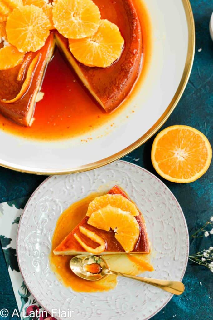 Orange Flan Recipe (Flan de Queso recipe) served on white plate