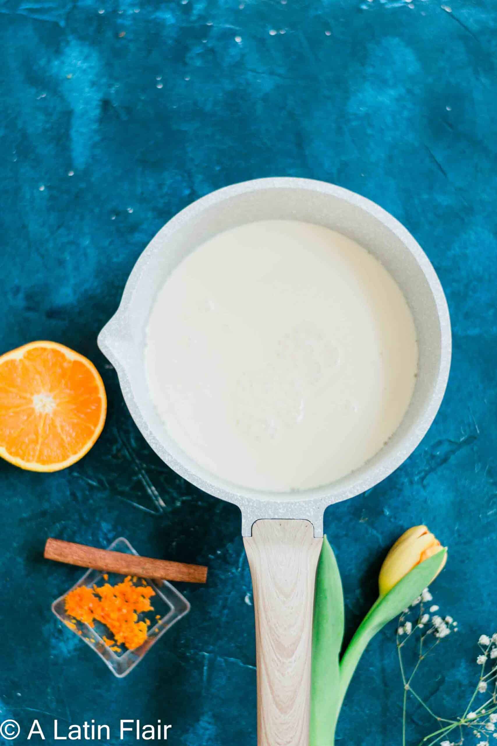 milk mixture Instructions for Orange Flan (flan de queso)