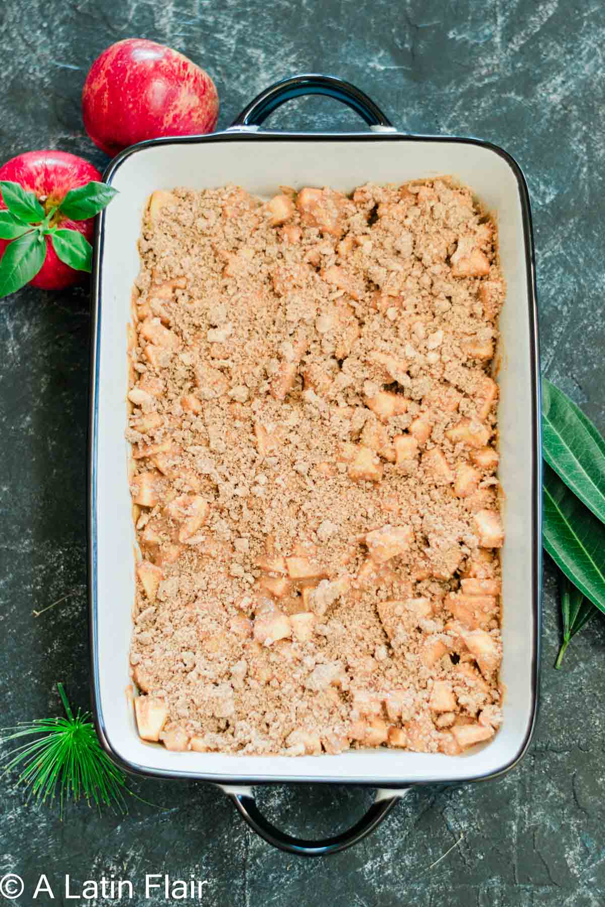 unbaked Easy Apple Crisp Recipe Without Oats in baking dish