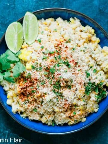 elote salad recipe in blue bowl