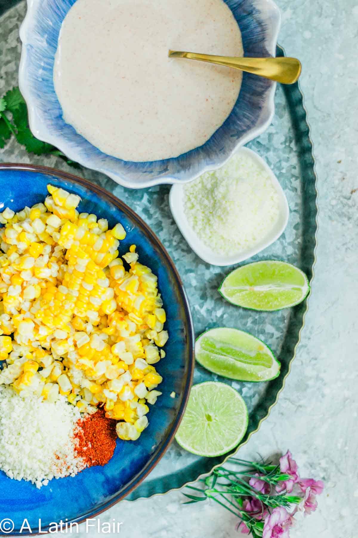 gathered prepared ingredients for Mexican-Style Corn Elote Salad Recipe