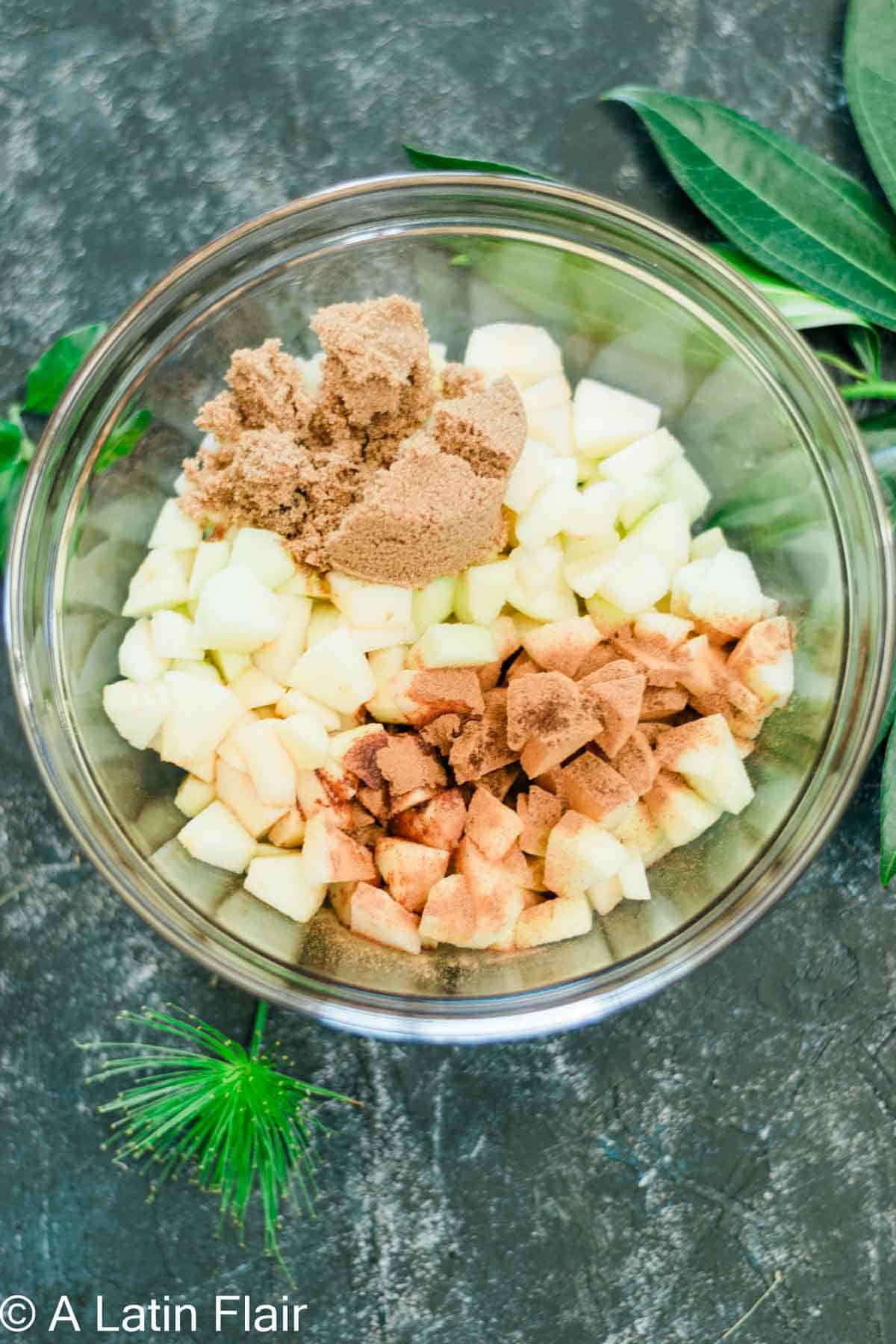 apple mixture ingredients in bowl for easy apple crisp 