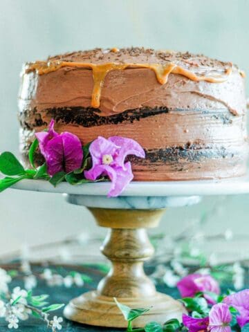 chocolate cake with cream cheese filling on cake stand