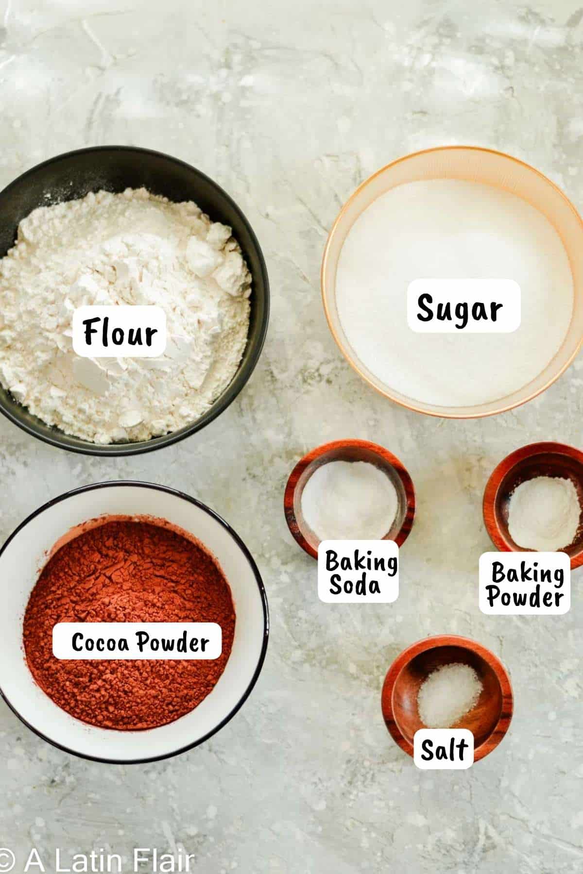 Dry Ingredients for chocolate cake with cream cheese filling