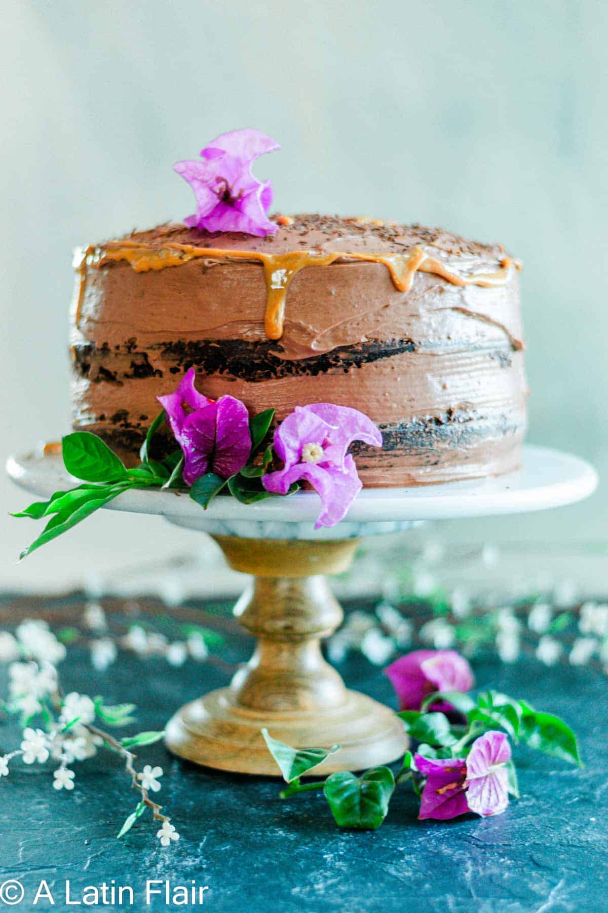 chocolate cake with cream cheese filling on cake stand
