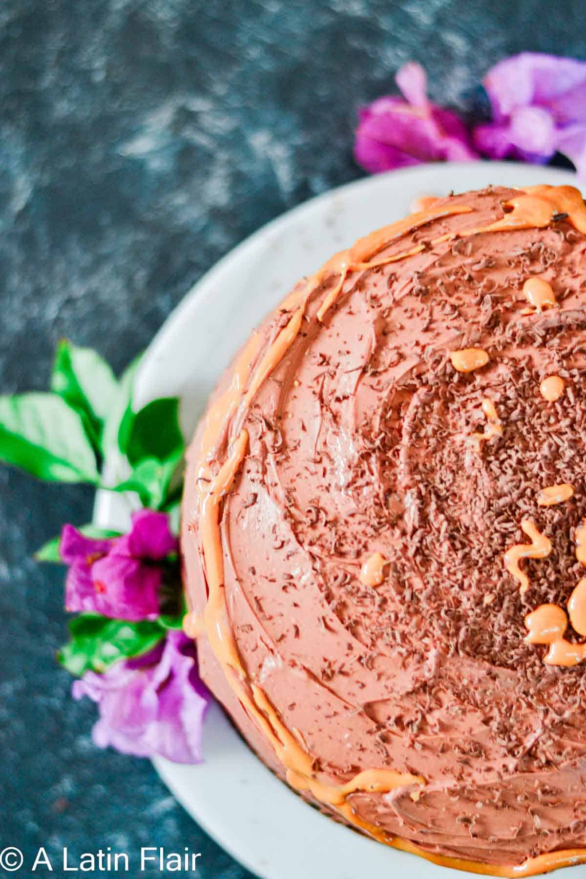 chocolate cake with cream cheese filling and dulce de leche on top