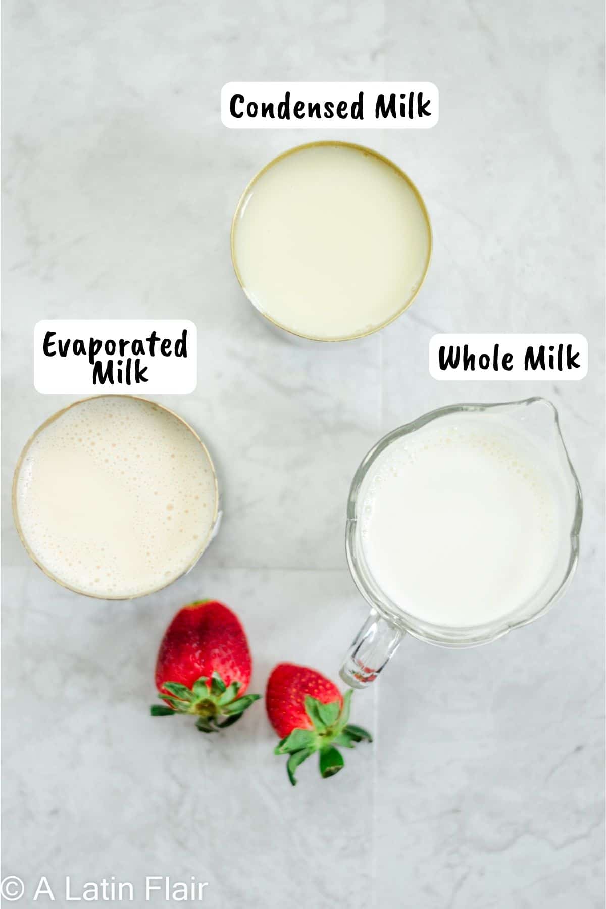 three milks for milk soak for Strawberry Tres Leches cake