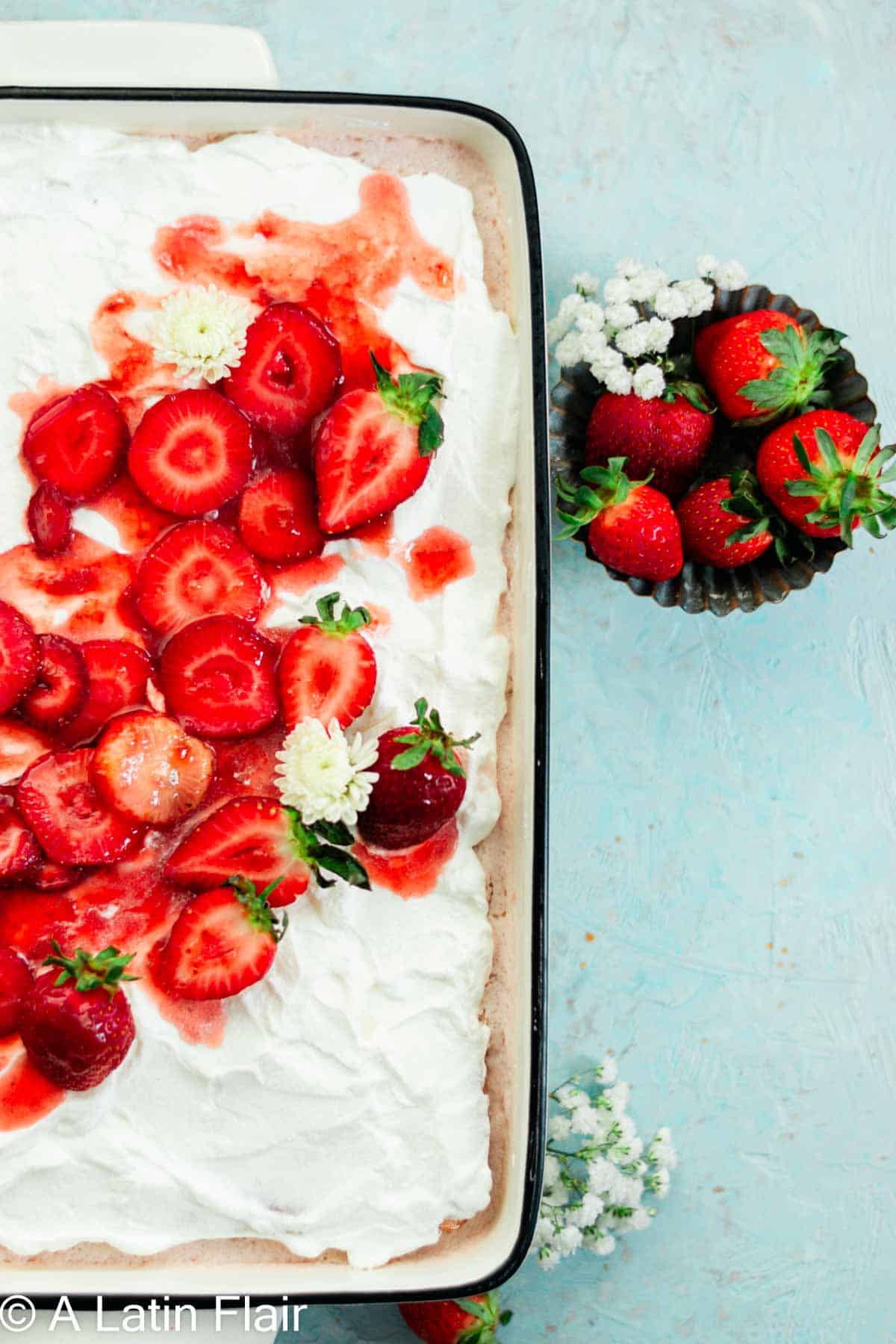 Strawberry Tres Leches Cake Recipe in white pan