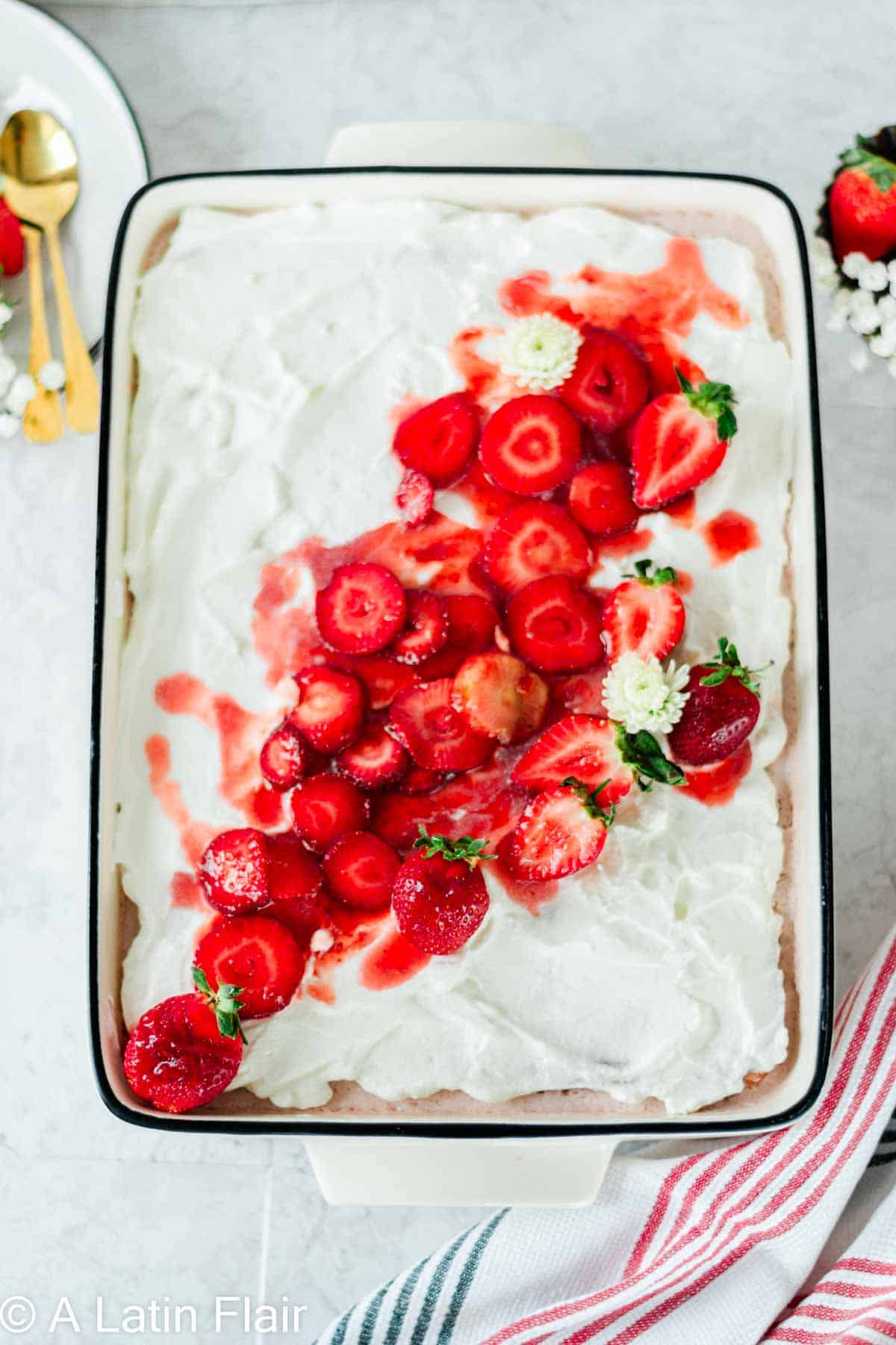 Strawberry Tres Leches Cake Recipe in white pan