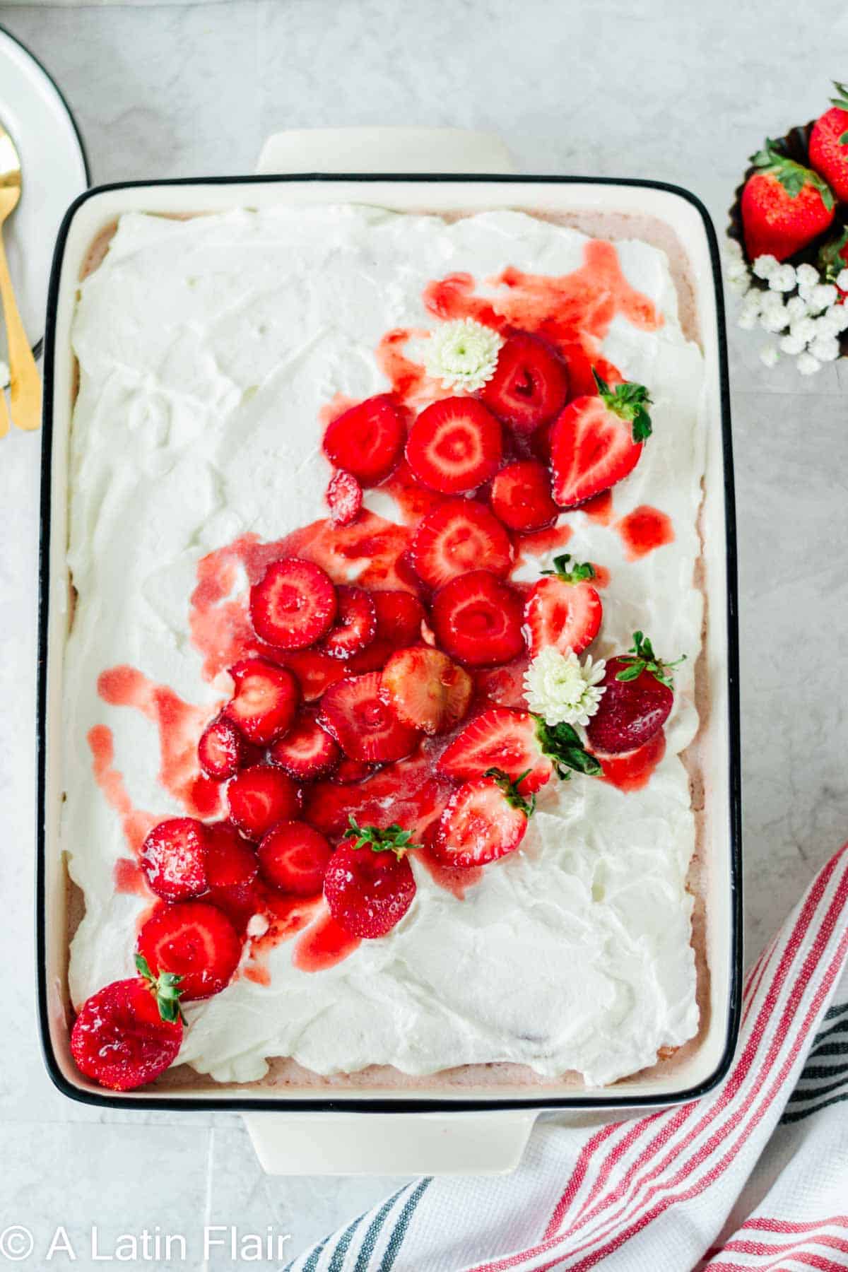 Strawberry Tres Leches Cake Recipe in white pan