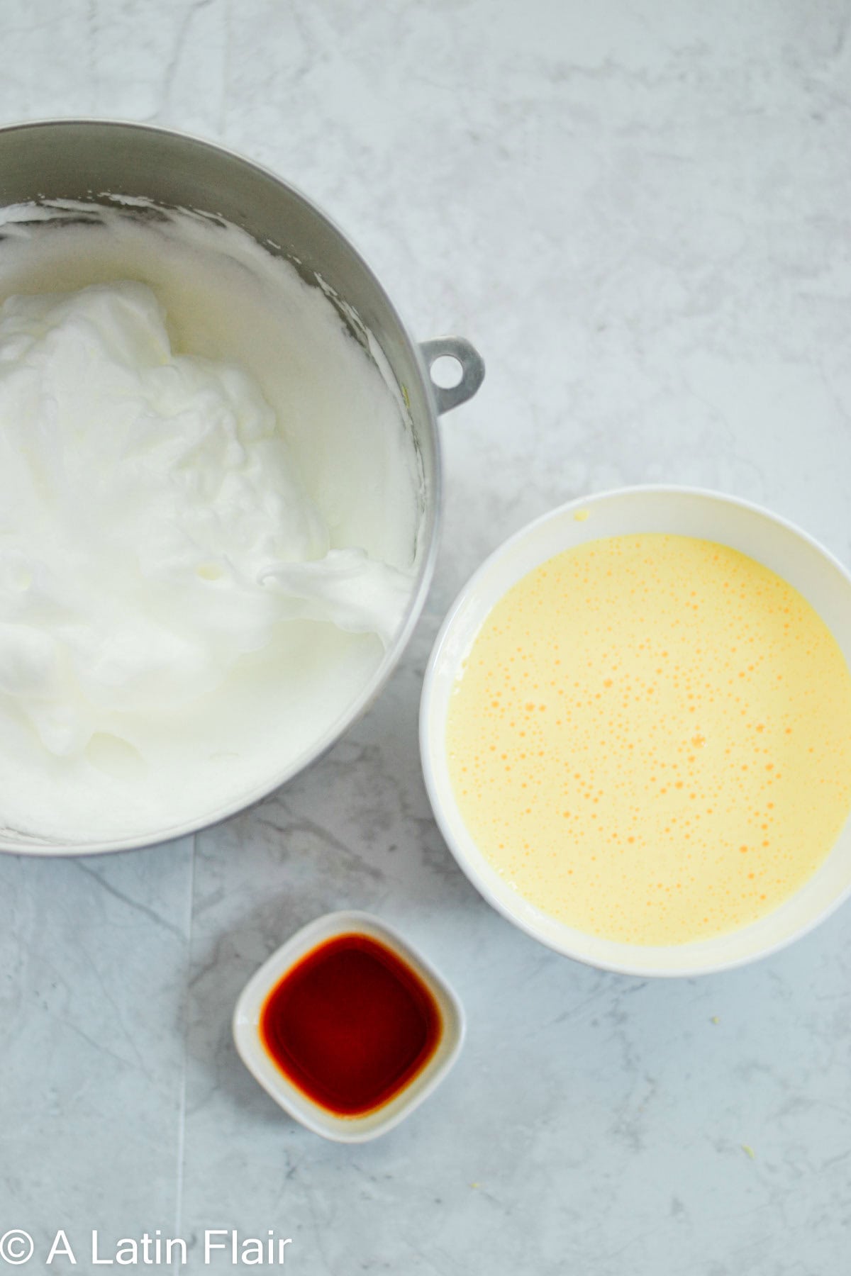 mixing ingredients for Tres Leches cake batter