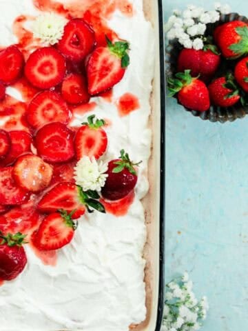 Strawberry Tres Leches Cake Recipe in white pan