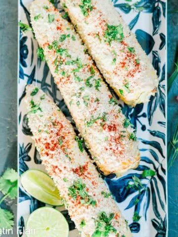 Elote Air Fryer recipe served over flower tray