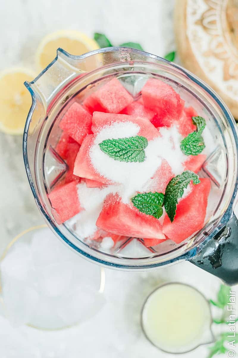 Watermelon Agua Fresca ingredients in a blender
