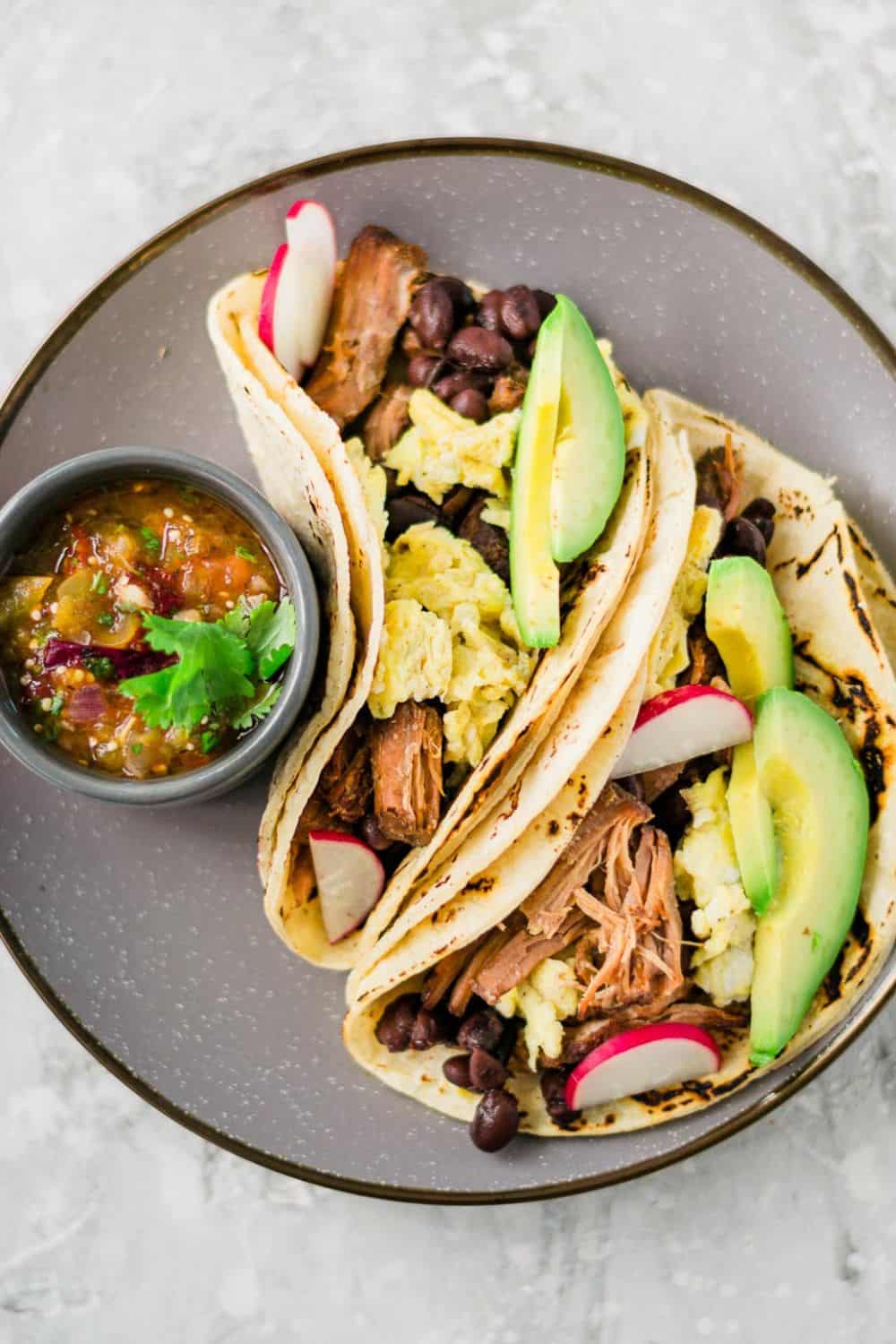 Slow Cooker Pork Carnitas and Eggs Breakfast Tacos