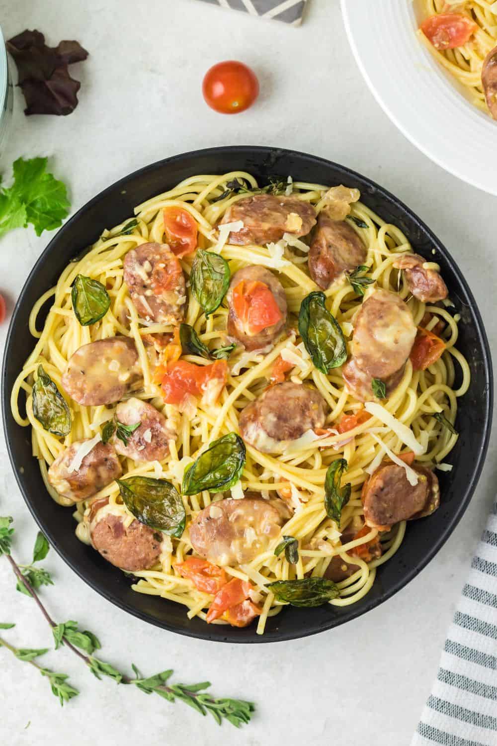 Chorizo Pasta and Fried Basil