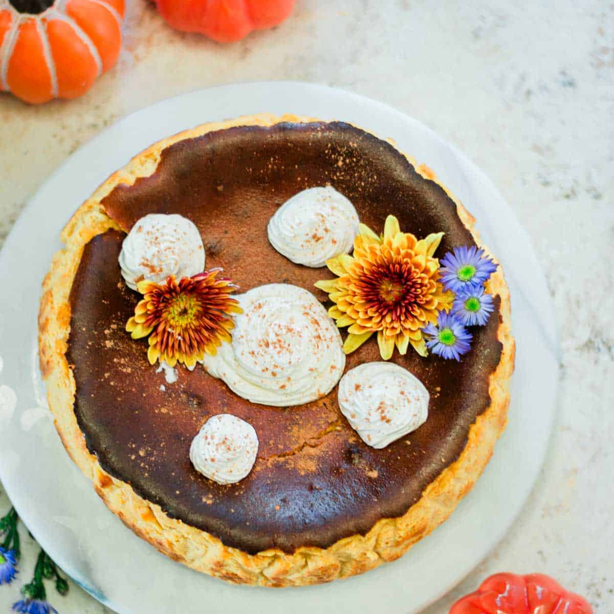 pumpkin burnt basque cheesecake decorated with flowers