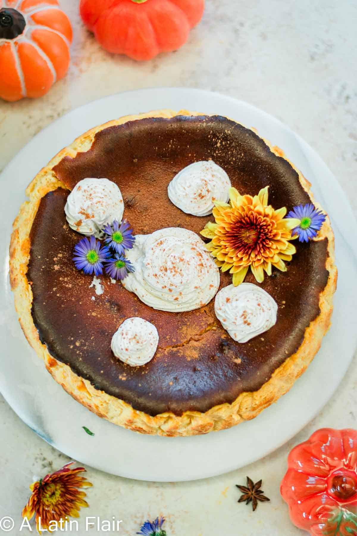 pumpkin burnt basque cheesecake with flowers