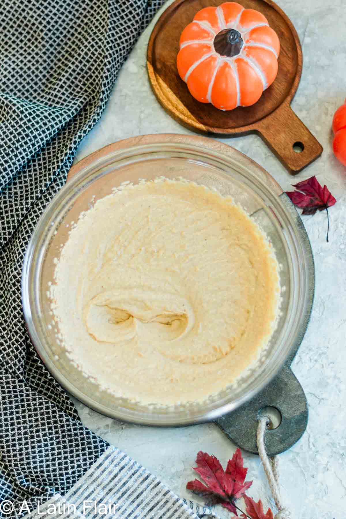 tiramisu ingredients blended in glass bowl