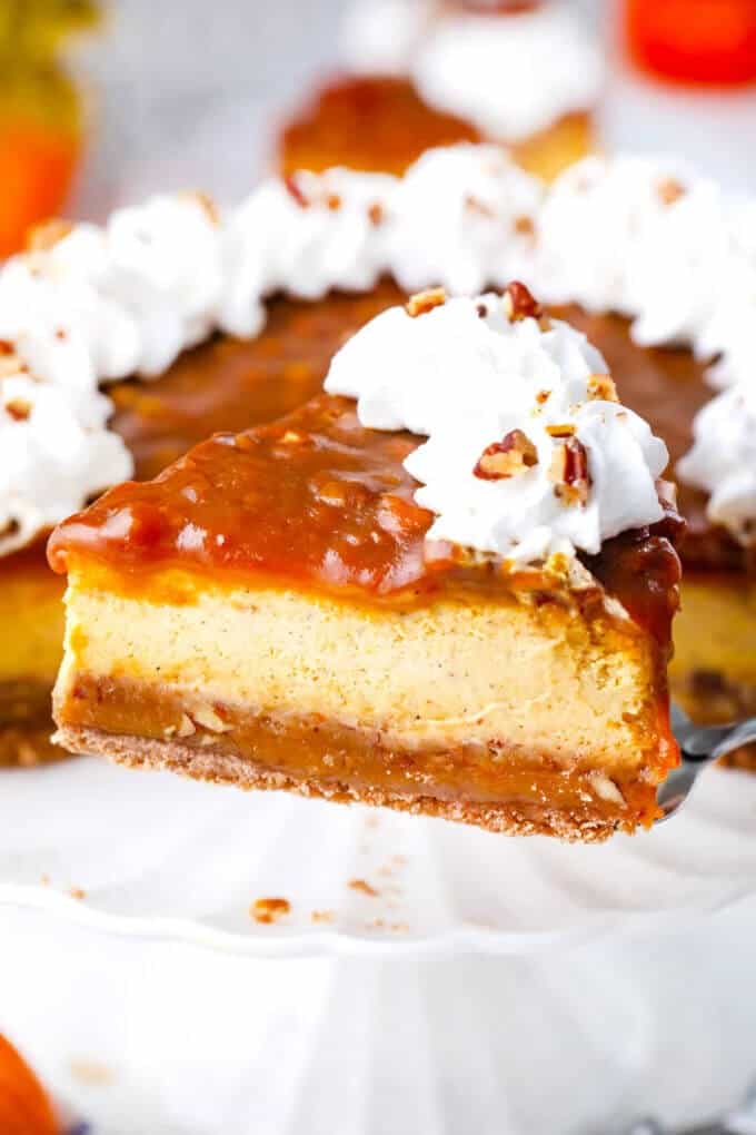 Close-up of a caramel pecan cheesecake slice with a graham crust, topped with whipped cream and pecans. The texture looks creamy and inviting.