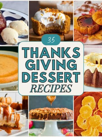 A collage of Thanksgiving desserts. Includes poached pear with ice cream, pies, cakes, a bundt cake, and pastries. Central text reads "35 Thanksgiving Dessert Recipes."