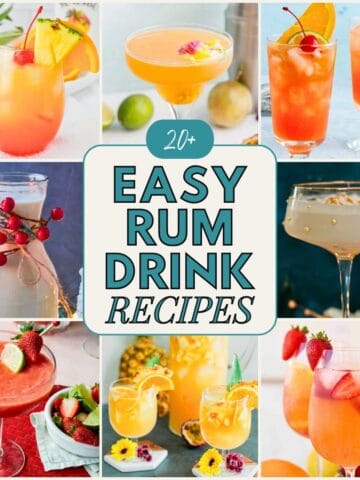 Collage of eight easy rum drink recipes featuring Hawaiian Mai Tai with tropical fruit garnish, passion fruit daiquiri with edible flowers, New Orleans Hurricane with orange and cherry, coquito with cinnamon and sugared cranberries, dulce de leche martini with gold pearl dragees, frozen strawberry rum-rita with lime and strawberry, Puerto Rican sangria with tropical fruit and flowers, and strawberry sangria with fresh berries, with text overlay reading "20+ Easy Rum Drink Recipes".