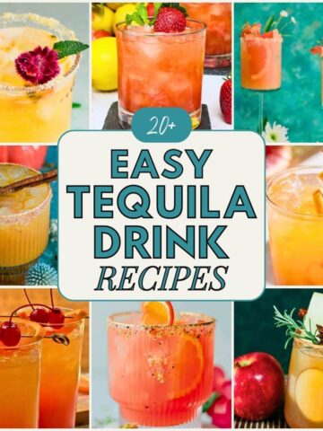 Collage of 20+ easy tequila drink recipes featuring colorful cocktails in various glassware - yellow pineapple margaritas with salted rims and edible flower garnishes, strawberry tequila cocktails in rocks glasses, coral-pink frozen drinks in stemmed glasses with flower garnishes, golden apple cider tequila drinks with star anise and cinnamon sticks, bright orange tequila sunrise cocktails with maraschino cherries, pink grapefruit margaritas with chili salt rims, and caramel apple tequila drinks garnished with apple slices and cinnamon sticks, all arranged in a grid layout with "20+ Easy Tequila Drink Recipes" text overlay in teal and cream colors.