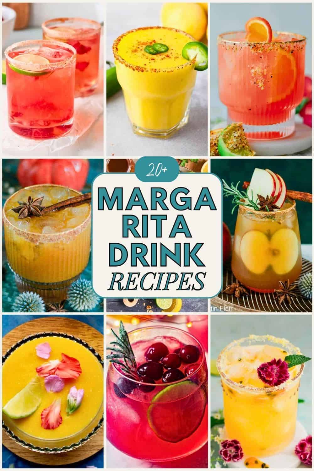 Collage of colorful margarita recipes including strawberry, spicy jalapeño, grapefruit, apple cinnamon, cherry, and pineapple variations with festive garnishes and salted rims.