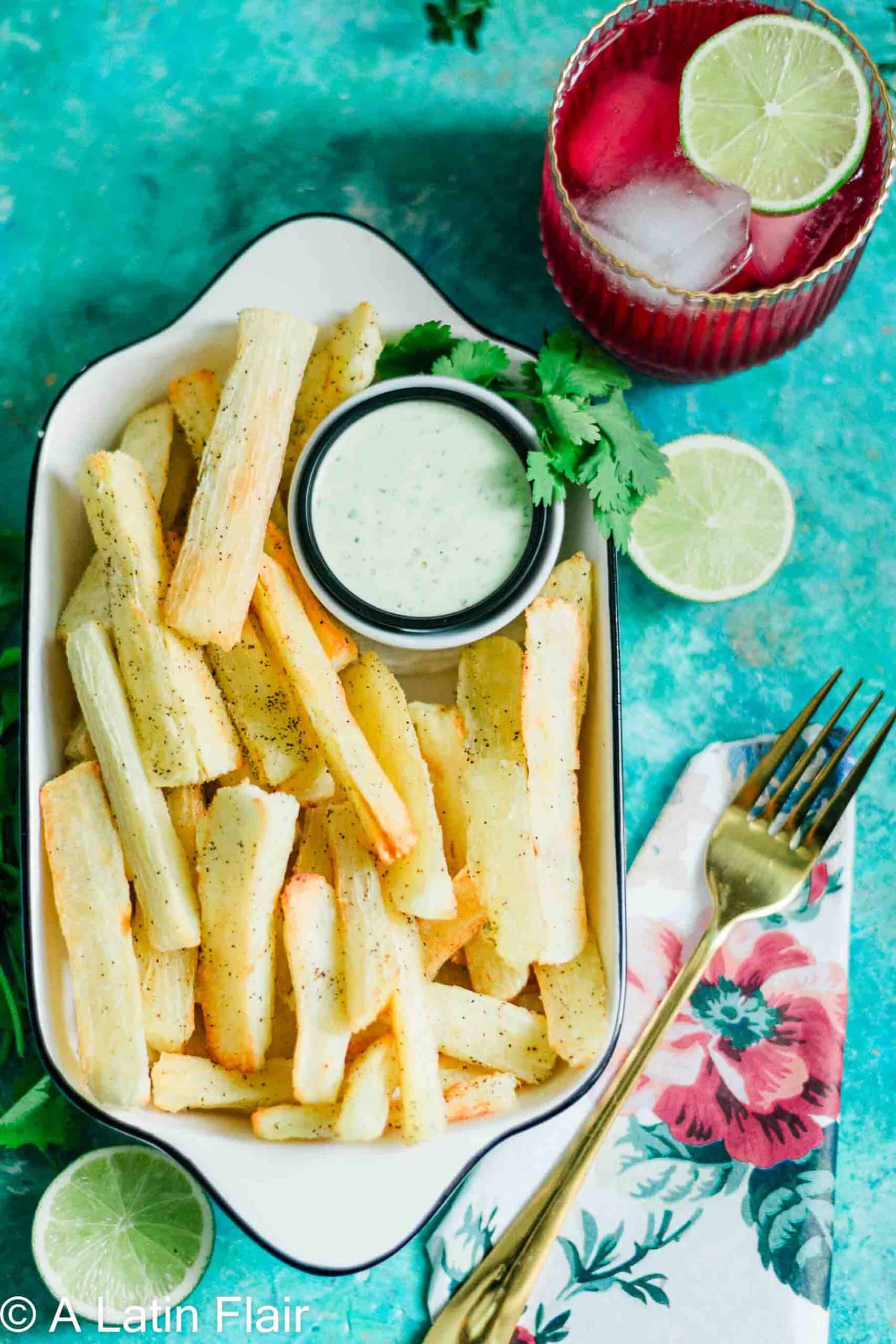 Yuca Fries Air Fryer served in bowl with a sauce