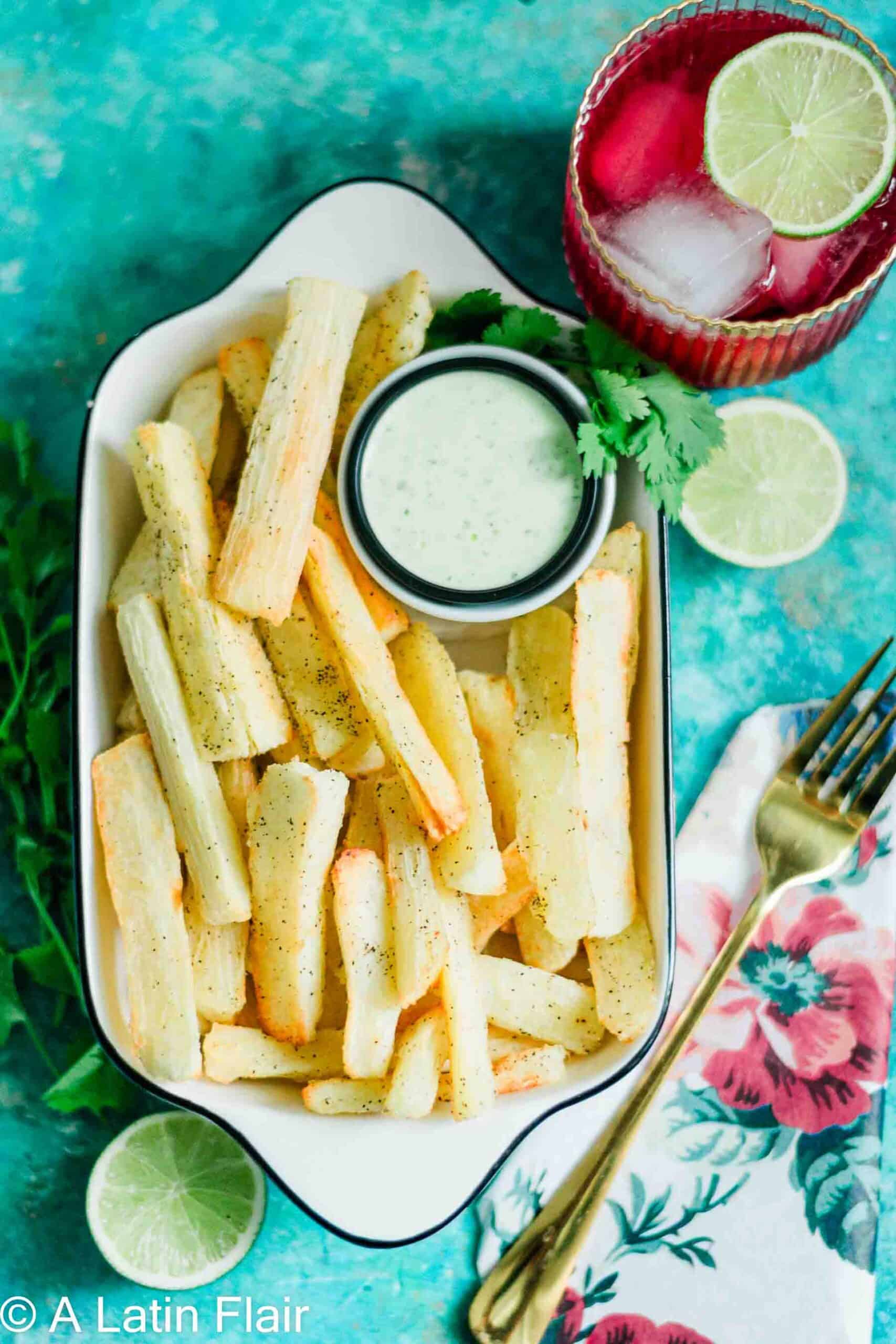 Yuca Fries Air Fryer served in bowl with a sauce