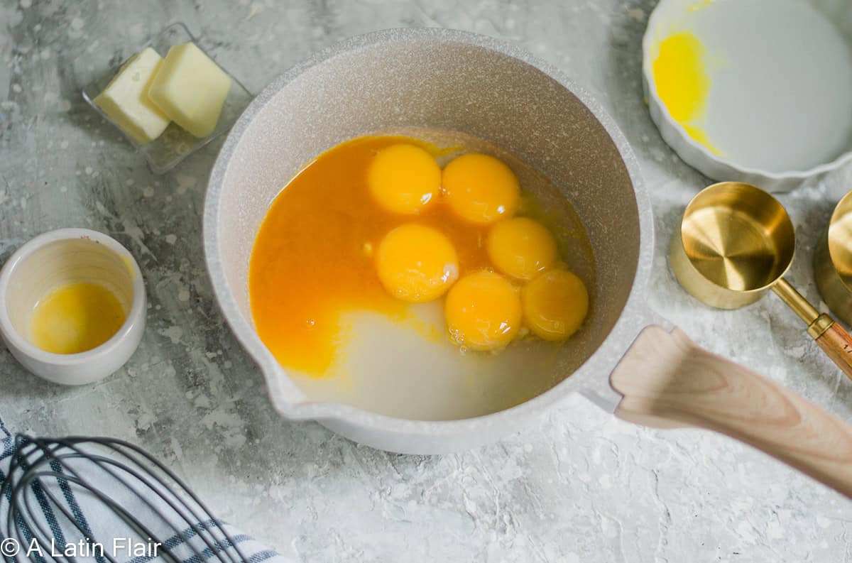 Passion fruit curd INGREDIENTS IN SAUCEPAN